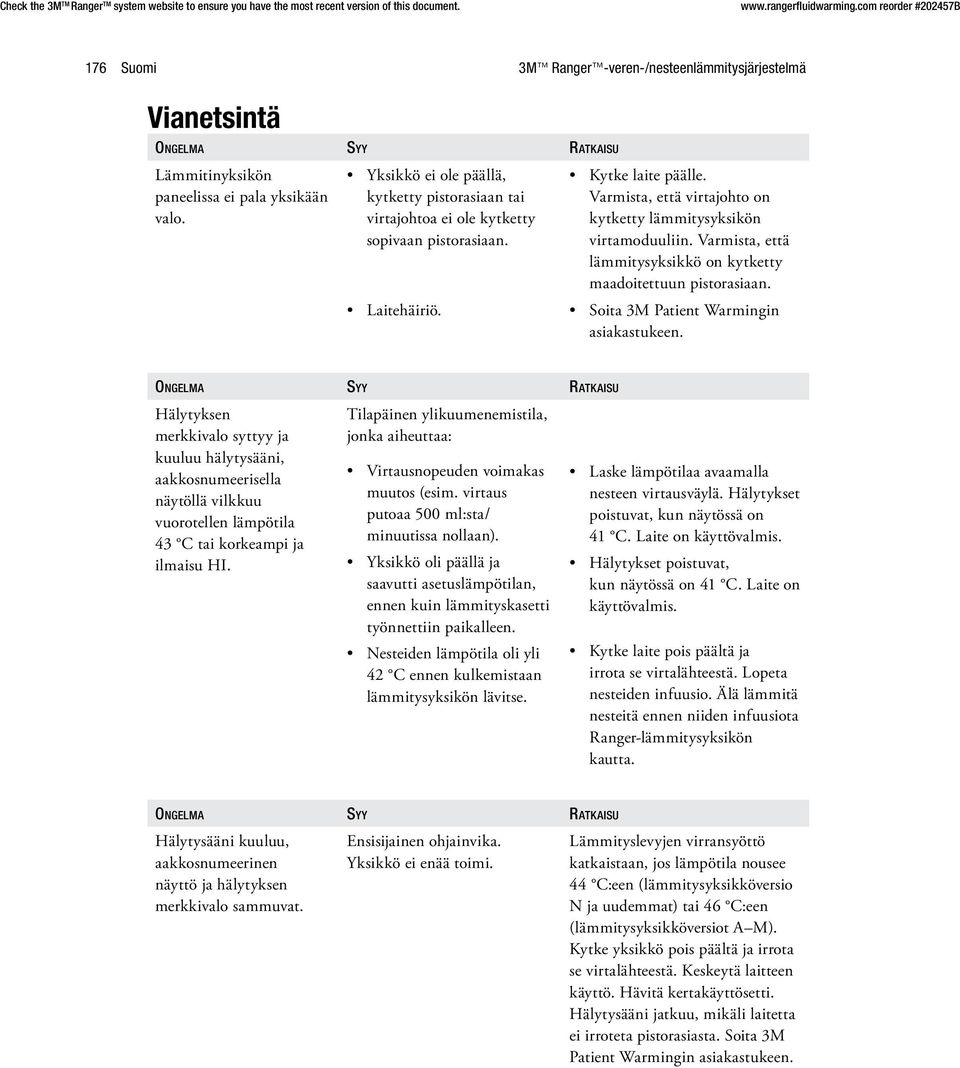 Varmista, että virtajohto on kytketty lämmitysyksikön virtamoduuliin. Varmista, että lämmitysyksikkö on kytketty maadoitettuun pistorasiaan. Soita 3M Patient Warmingin asiakastukeen.