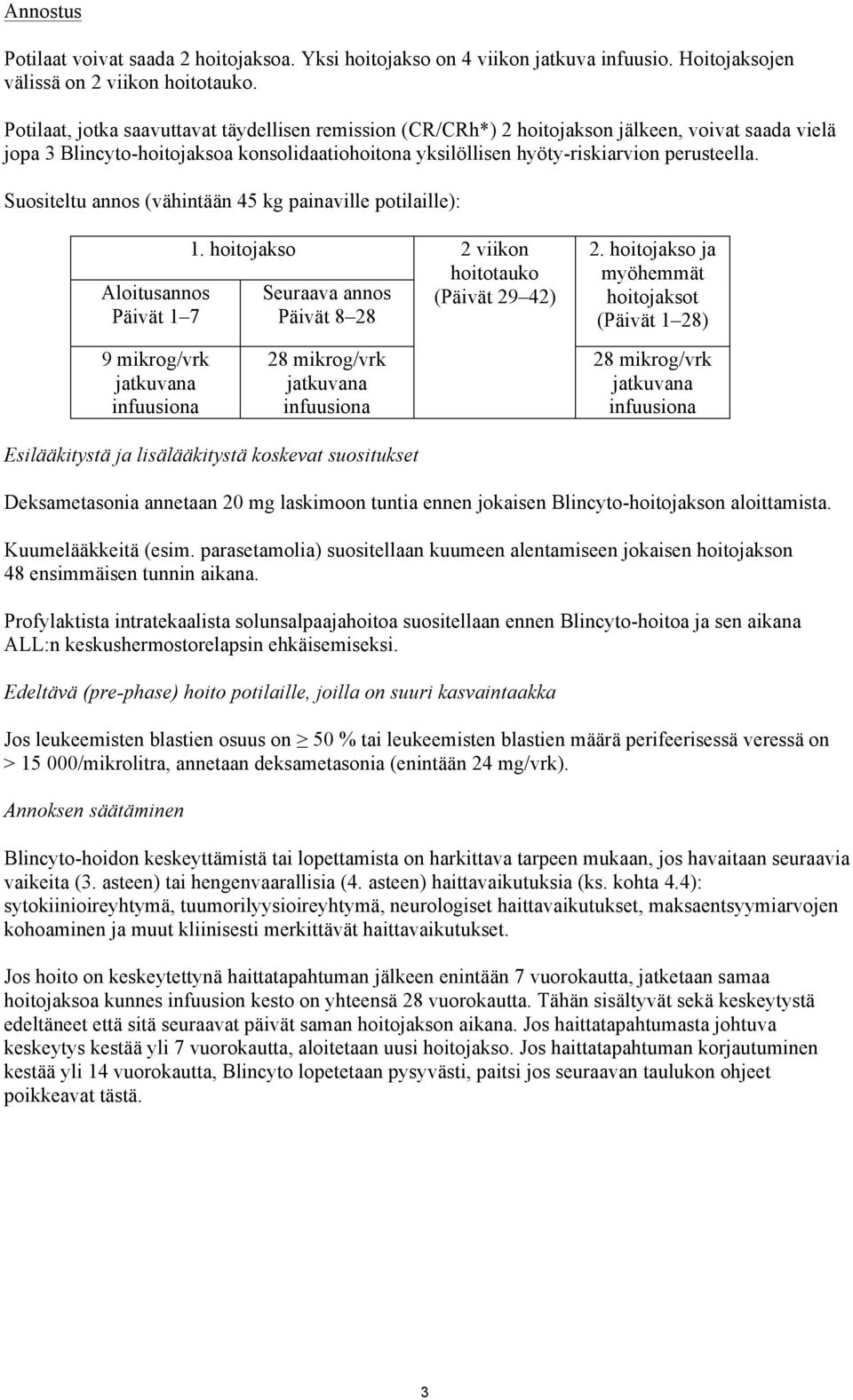 Suositeltu annos (vähintään 45 kg painaville potilaille): Aloitusannos Päivät 1 7 1. hoitojakso 2 viikon Seuraava annos Päivät 8 28 hoitotauko (Päivät 29 42) 2.