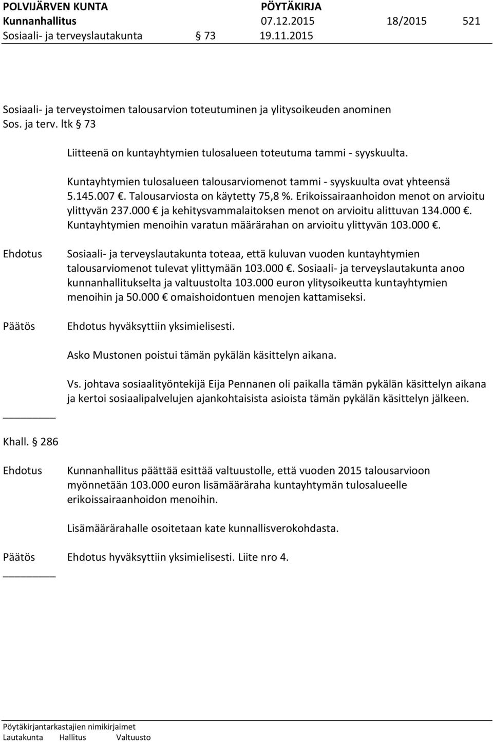 000 ja kehitysvammalaitoksen menot on arvioitu alittuvan 134.000. Kuntayhtymien menoihin varatun määrärahan on arvioitu ylittyvän 103.000. Sosiaali- ja terveyslautakunta toteaa, että kuluvan vuoden kuntayhtymien talousarviomenot tulevat ylittymään 103.