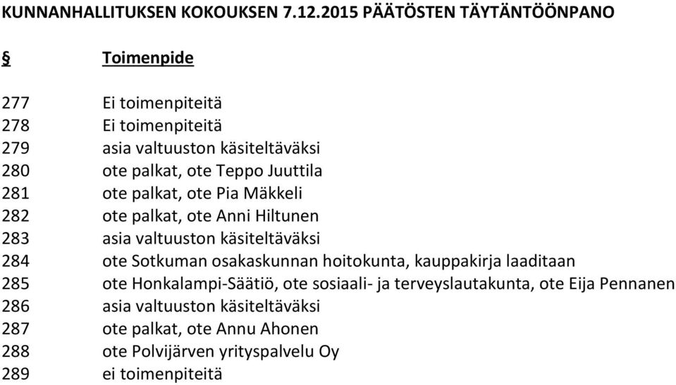 Teppo Juuttila 281 ote palkat, ote Pia Mäkkeli 282 ote palkat, ote Anni Hiltunen 283 asia valtuuston käsiteltäväksi 284 ote Sotkuman