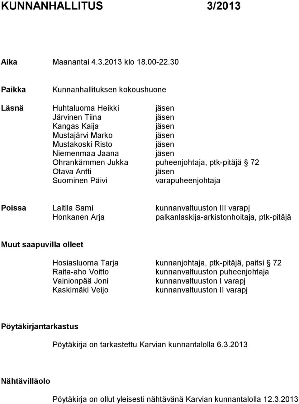 puheenjohtaja, ptk-pitäjä 72 Otava Antti jäsen Suominen Päivi varapuheenjohtaja Poissa Laitila Sami kunnanvaltuuston III varapj Honkanen Arja palkanlaskija-arkistonhoitaja, ptk-pitäjä Muut saapuvilla