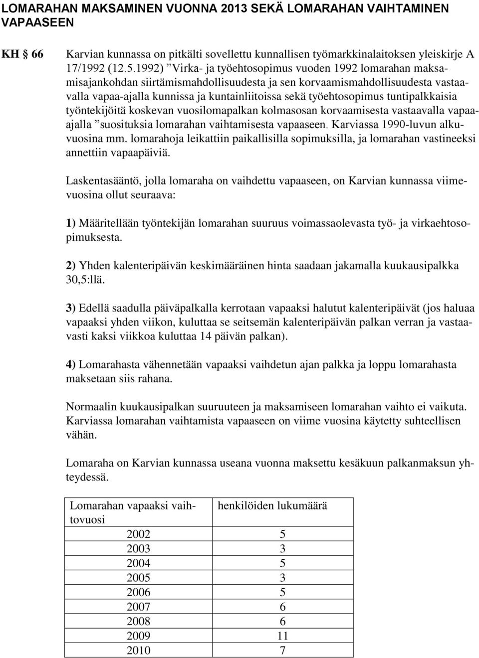 työehtosopimus tuntipalkkaisia työntekijöitä koskevan vuosilomapalkan kolmasosan korvaamisesta vastaavalla vapaaajalla suosituksia lomarahan vaihtamisesta vapaaseen.