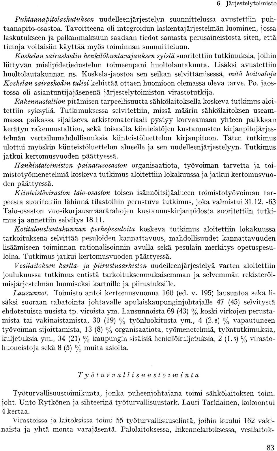 suunnitteluun. Koskelan sairaskodin henkilökuntavajaitksen syistä suoritettiin tutkimuksia, joihin liittyvän mielipidetiedustelun toimeenpani huoltolautakunta.