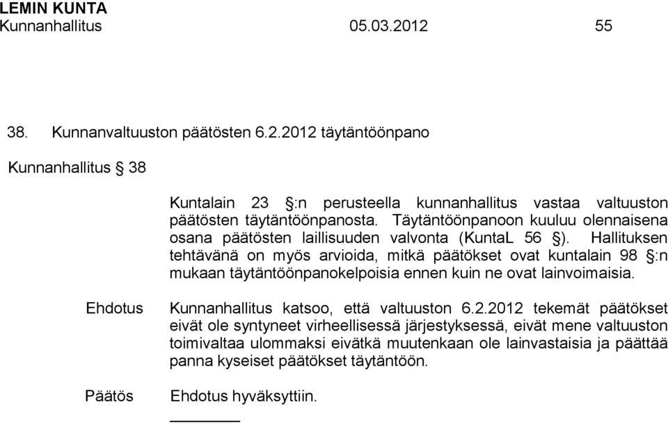 Hallituksen tehtävänä on myös arvioida, mitkä päätökset ovat kuntalain 98 :n mukaan täytäntöönpanokelpoisia ennen kuin ne ovat lainvoimaisia.