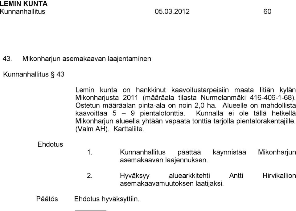 tilasta Nurmelanmäki 416-406-1-68). Ostetun määräalan pinta-ala on noin 2,0 ha. Alueelle on mahdollista kaavoittaa 5 9 pientalotonttia.