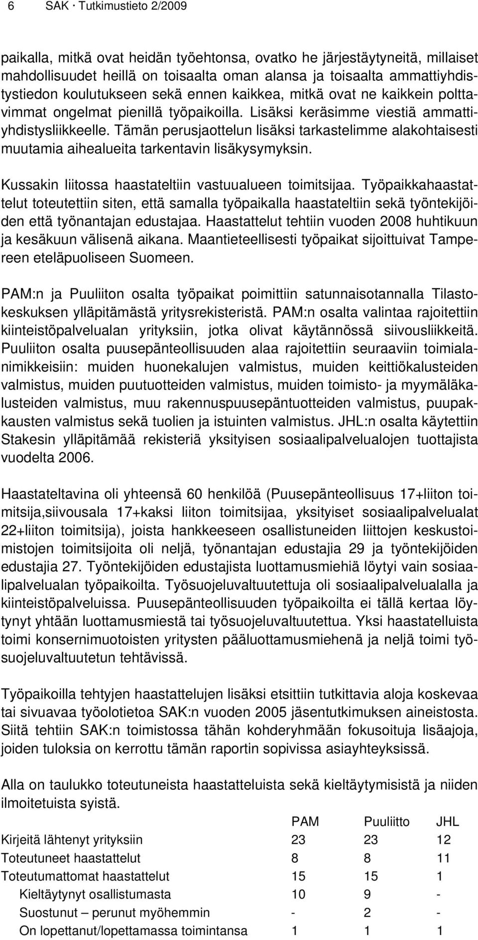 Tämän perusjaottelun lisäksi tarkastelimme alakohtaisesti muutamia aihealueita tarkentavin lisäkysymyksin. Kussakin liitossa haastateltiin vastuualueen toimitsijaa.