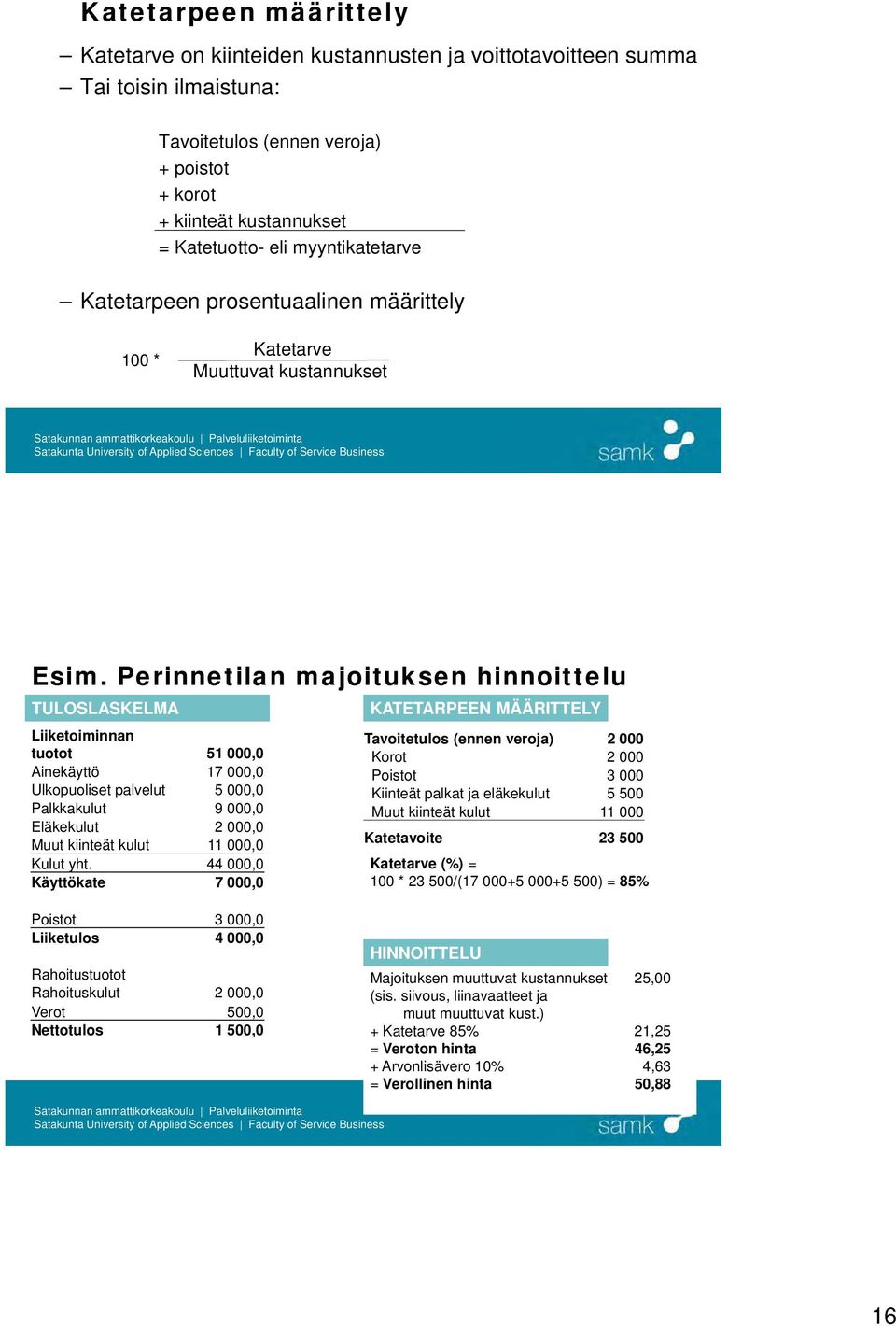 Perinnetilan majoituksen hinnoittelu TULOSLASKELMA Liiketoiminnan tuotot 51 000,0 Ainekäyttö 17 000,0 Ulkopuoliset palvelut 5 000,0 Palkkakulut 9 000,0 Eläkekulut 2 000,0 Muut kiinteät kulut 11 000,0