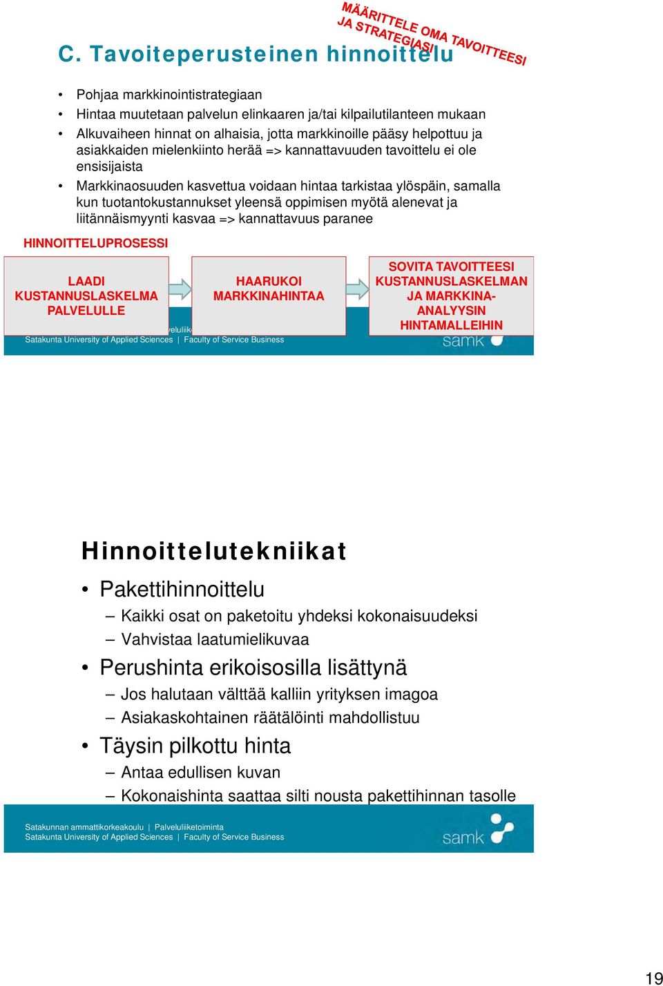 oppimisen myötä alenevat ja liitännäismyynti kasvaa => kannattavuus paranee HINNOITTELUPROSESSI LAADI KUSTANNUSLASKELMA PALVELULLE HAARUKOI MARKKINAHINTAA SOVITA TAVOITTEESI KUSTANNUSLASKELMAN JA