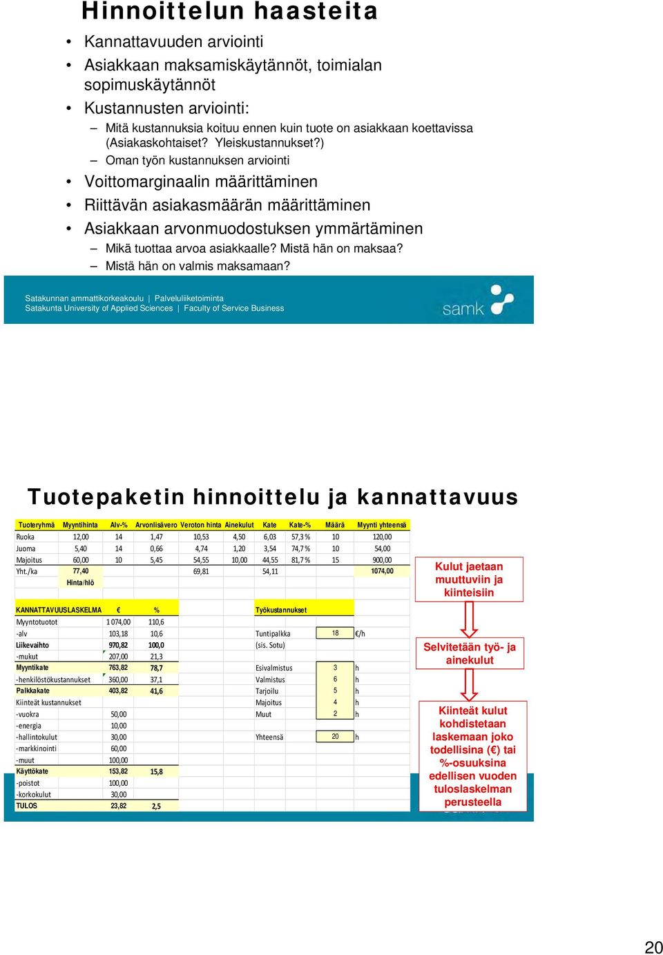 ) Oman työn kustannuksen arviointi Voittomarginaalin määrittäminen Riittävän asiakasmäärän määrittäminen Asiakkaan arvonmuodostuksen ymmärtäminen Mikä tuottaa arvoa asiakkaalle? Mistä hän on maksaa?