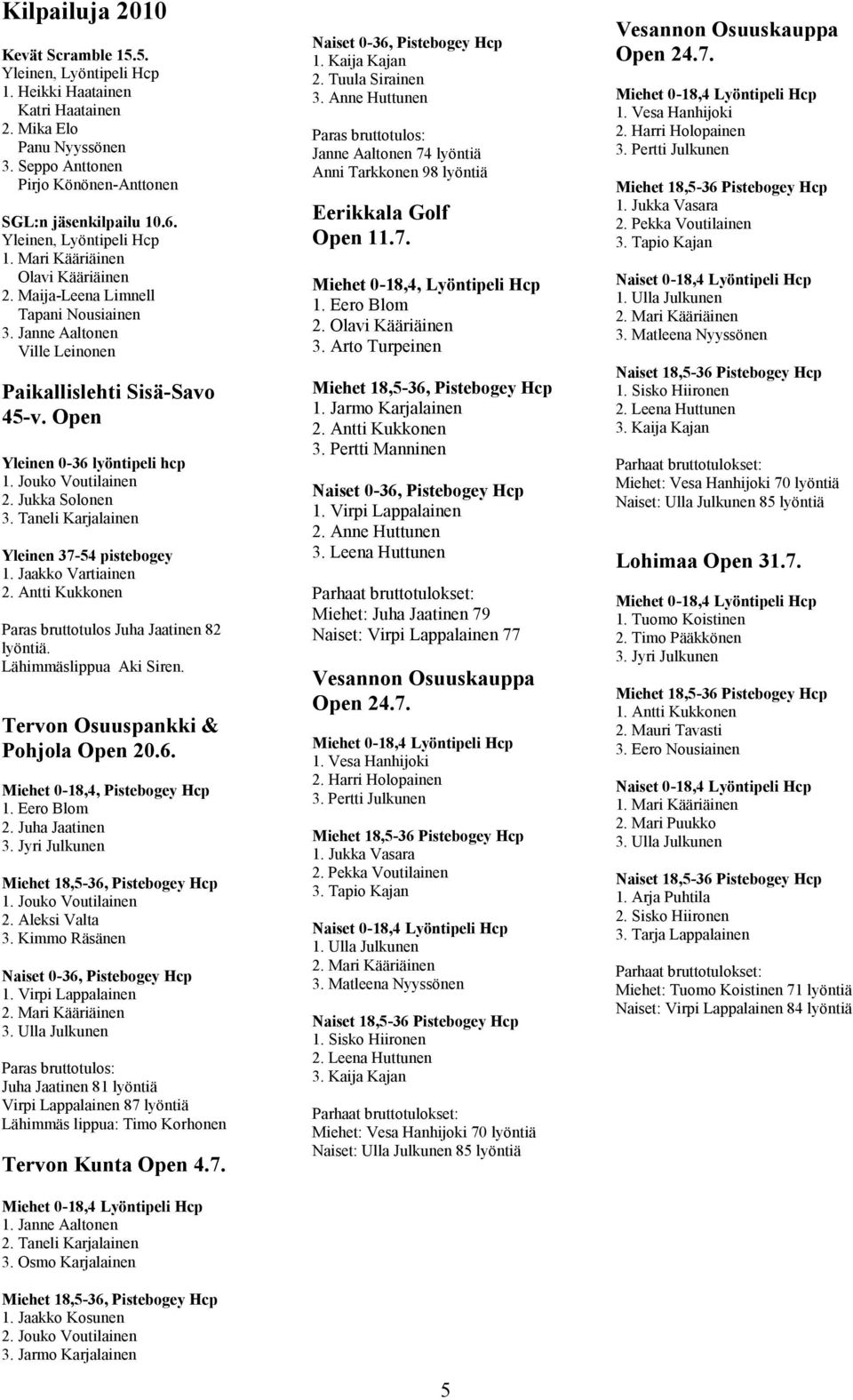 Jouko Voutilainen 2. Jukka Solonen 3. Taneli Karjalainen Yleinen 37-54 pistebogey 1. Jaakko Vartiainen 2. Antti Kukkonen Paras bruttotulos Juha Jaatinen 82 lyöntiä. Lähimmäslippua Aki Siren.