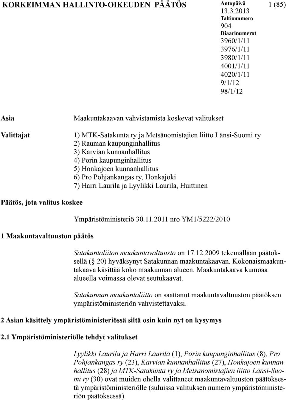 Metsänomistajien liitto Länsi-Suomi ry 2) Rauman kaupunginhallitus 3) Karvian kunnanhallitus 4) Porin kaupunginhallitus 5) Honkajoen kunnanhallitus 6) Pro Pohjankangas ry, Honkajoki 7) Harri Laurila