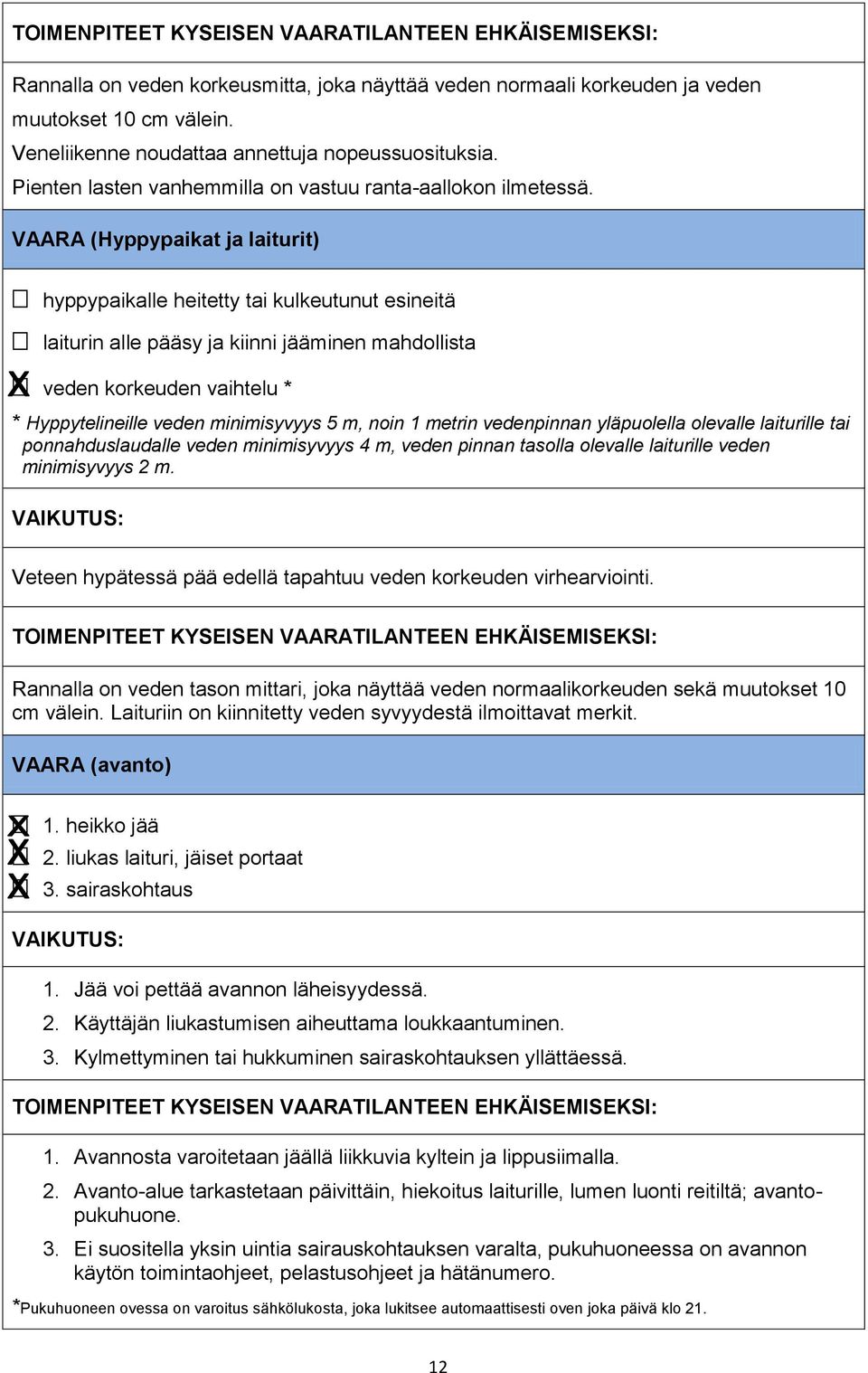 VAARA (Hyppypaikat ja laiturit) hyppypaikalle heitetty tai kulkeutunut esineitä laiturin alle pääsy ja kiinni jääminen mahdollista veden korkeuden vaihtelu * * Hyppytelineille veden minimisyvyys 5 m,