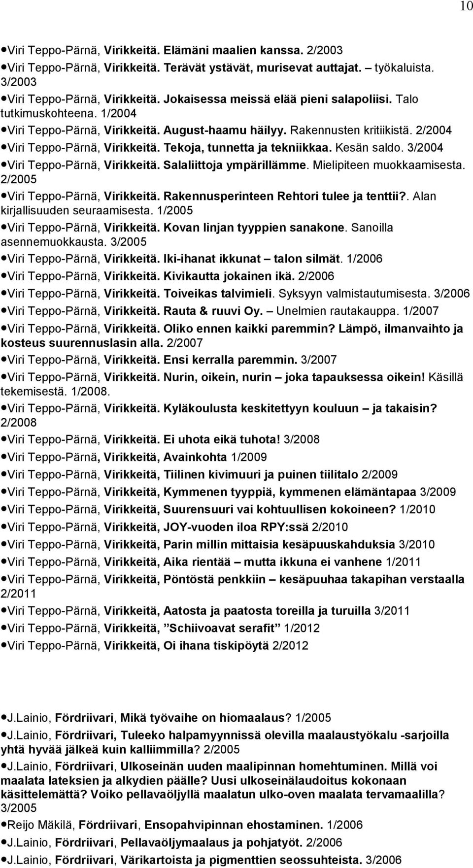 Tekoja, tunnetta ja tekniikkaa. Kesän saldo. 3/2004 Viri Teppo-Pärnä, Virikkeitä. Salaliittoja ympärillämme. Mielipiteen muokkaamisesta. 2/2005 Viri Teppo-Pärnä, Virikkeitä.