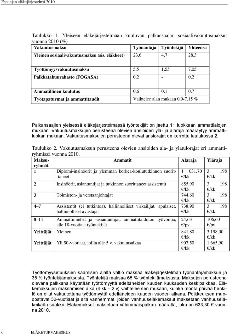 Palkansaajien yleisessä eläkejärjestelmässä työntekijät on jaettu 11 luokkaan ammattialojen mukaan. Vakuutusmaksujen perusteena olevien ansioiden ylä- ja alaraja määräytyy ammattiluokan mukaan.