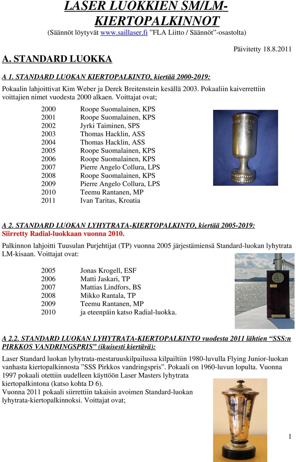 Voittajat ovat; 2000 Roope Suomalainen, KPS 2001 Roope Suomalainen, KPS 2002 Jyrki Taiminen, SPS 2003 Thomas Hacklin, ASS 2004 Thomas Hacklin, ASS 2005 Roope Suomalainen, KPS 2006 Roope Suomalainen,