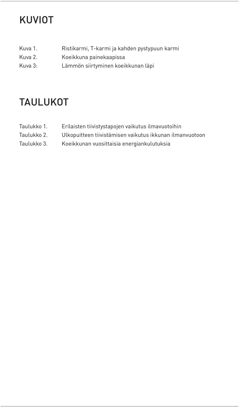 Lämmön siirtyminen koeikkunan läpi Taulukot Taulukko 1. Taulukko 2. Taulukko 3.