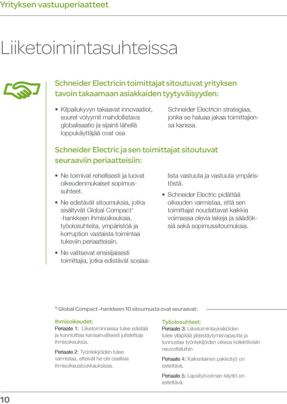 Schneider Electric ja sen toimittajat sitoutuvat seuraaviin periaatteisiin: Ne toimivat rehellisesti ja luovat oikeudenmukaiset sopimussuhteet.