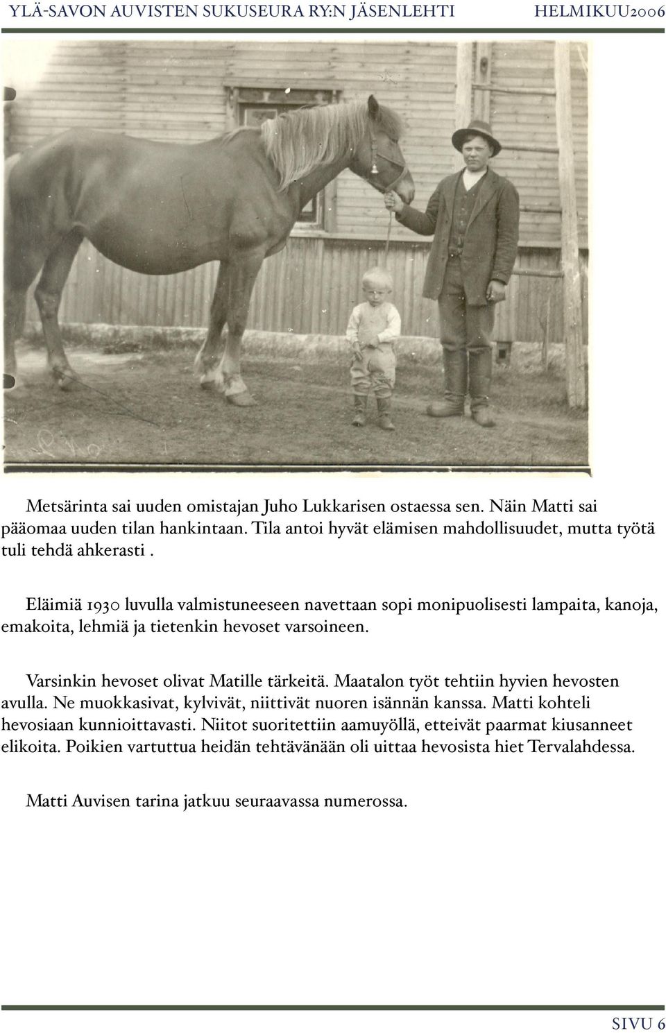 Eläimiä 1930 luvulla valmistuneeseen navettaan sopi monipuolisesti lampaita, kanoja, emakoita, lehmiä ja tietenkin hevoset varsoineen. Varsinkin hevoset olivat Matille tärkeitä.