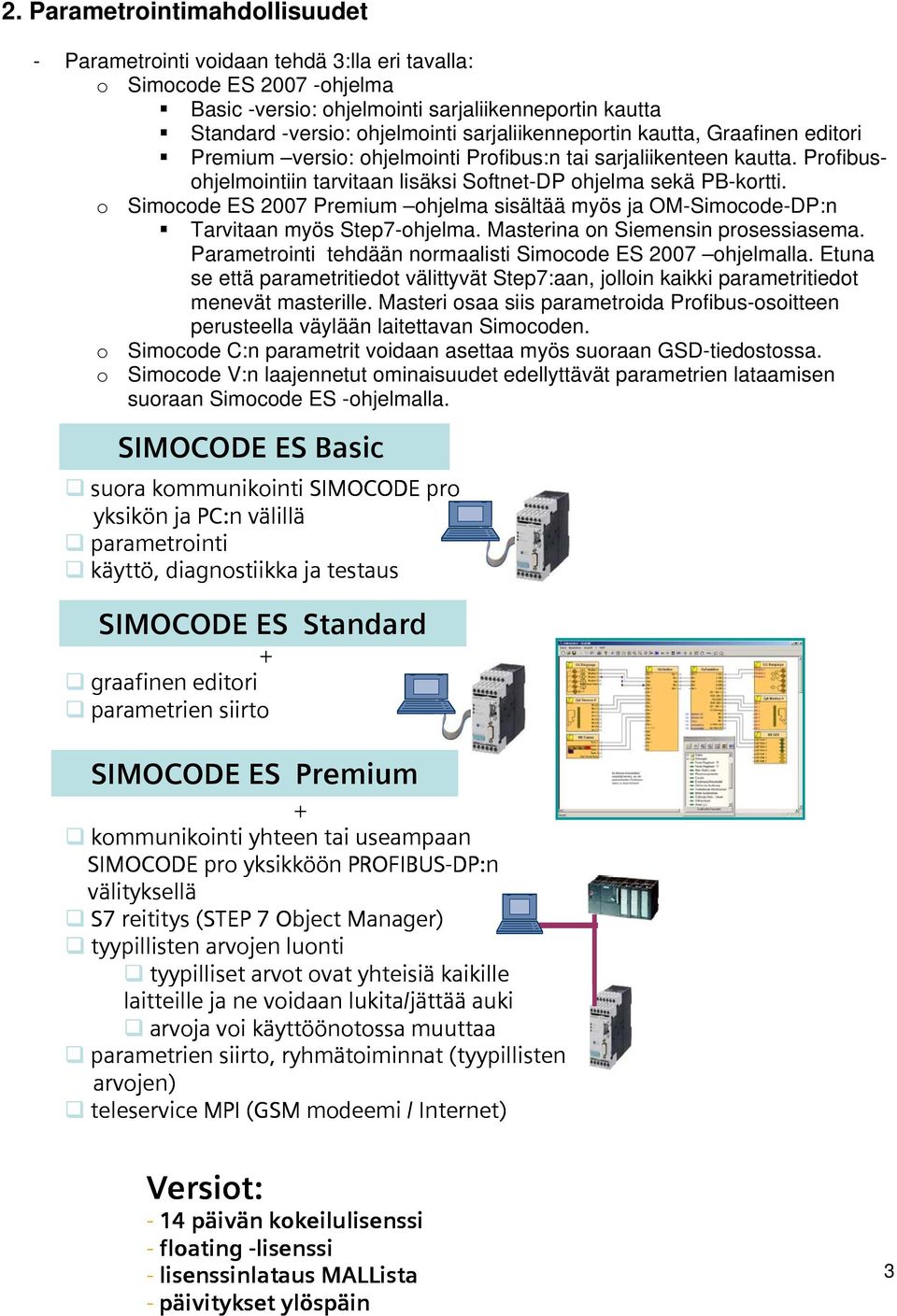 o Simocode ES 2007 Premium ohjelma sisältää myös ja OM-Simocode-DP:n Tarvitaan myös Step7-ohjelma. Masterina on Siemensin prosessiasema. Parametrointi tehdään normaalisti Simocode ES 2007 ohjelmalla.