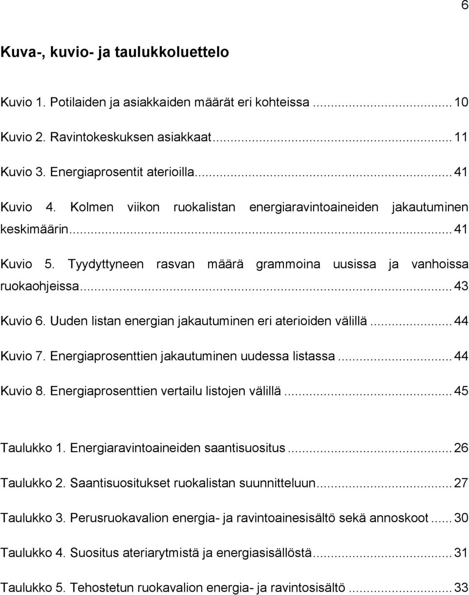 Uuden listan energian jakautuminen eri aterioiden välillä... 44 Kuvio 7. Energiaprosenttien jakautuminen uudessa listassa... 44 Kuvio 8. Energiaprosenttien vertailu listojen välillä... 45 Taulukko 1.