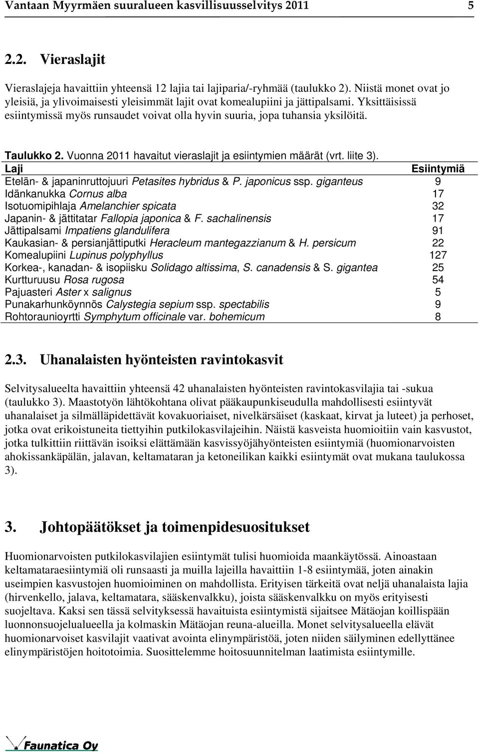 Taulukko 2. Vuonna 2011 havaitut vieraslajit ja esiintymien määrät (vrt. liite 3). Laji Esiintymiä Etelän- & japaninruttojuuri Petasites hybridus & P. japonicus ssp.