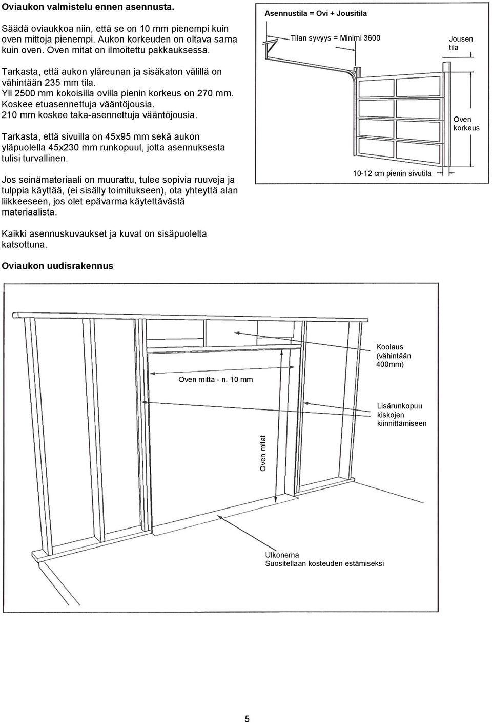 Koskee etuasennettuja vääntöjousia. 210 mm koskee taka-asennettuja vääntöjousia. Tarkasta, että sivuilla on 45x95 mm sekä aukon yläpuolella 45x230 mm runkopuut, jotta asennuksesta tulisi turvallinen.