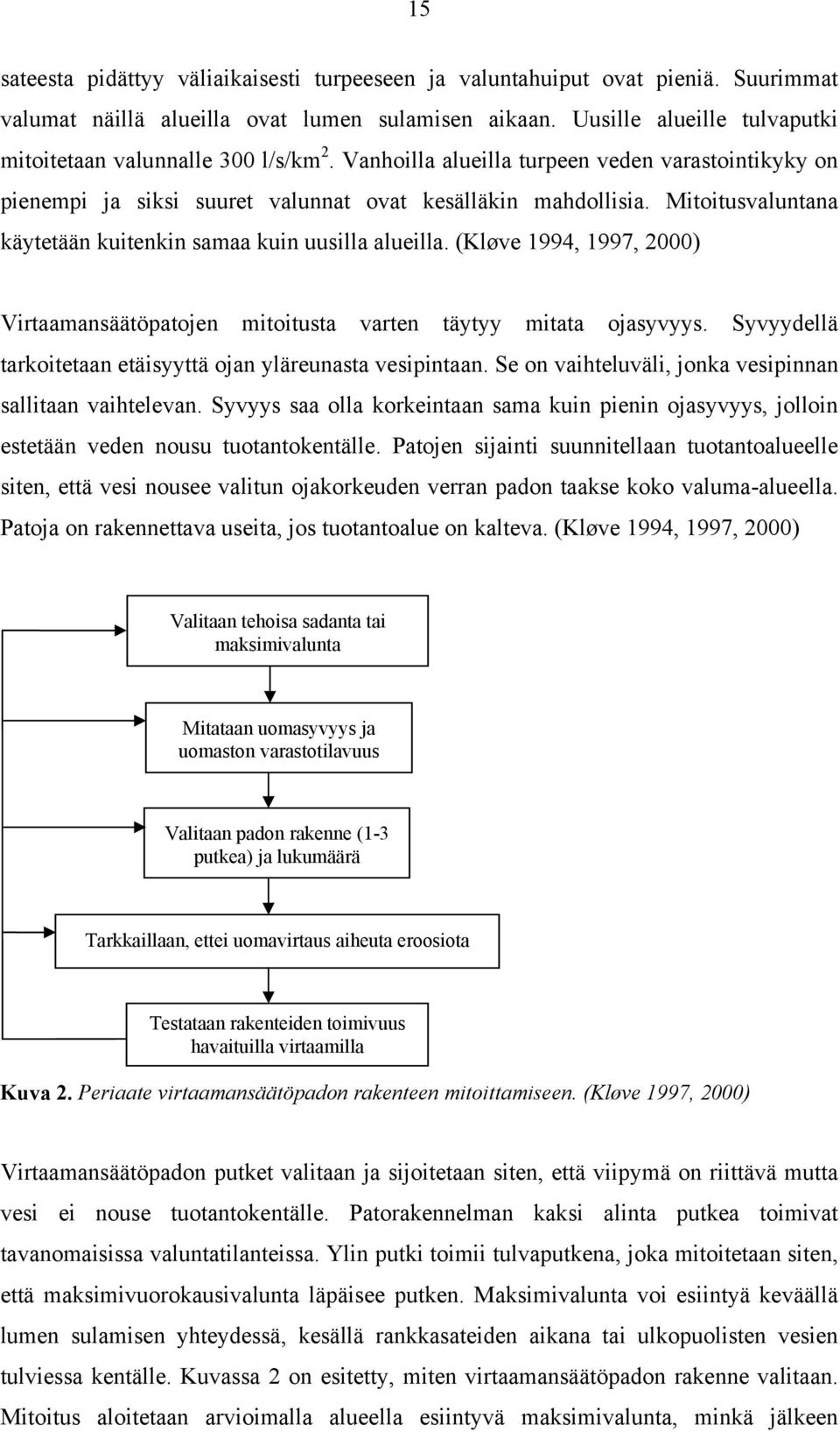 Mitoitusvaluntana käytetään kuitenkin samaa kuin uusilla alueilla. (Kløve 1994, 1997, 2) Virtaamansäätöpatojen mitoitusta varten täytyy mitata ojasyvyys.