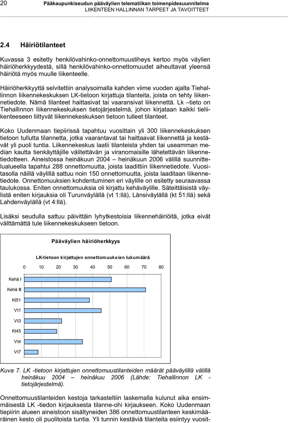 Häiriöherkkyyttä selvitettiin analysoimalla kahden viime vuoden ajalta Tiehallinnon liikennekeskuksen LK-tietoon kirjattuja tilanteita, joista on tehty liikennetiedote.