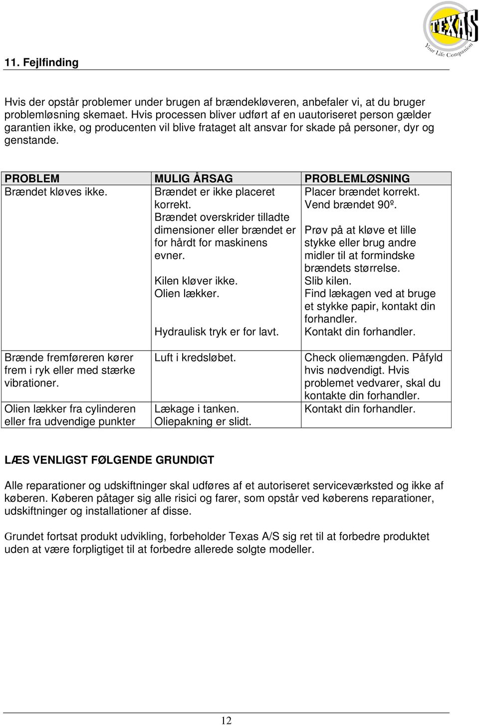 PROBLEM MULIG ÅRSAG PROBLEMLØSNING Brændet kløves ikke. Brændet er ikke placeret korrekt. Brændet overskrider tilladte dimensioner eller brændet er for hårdt for maskinens evner.