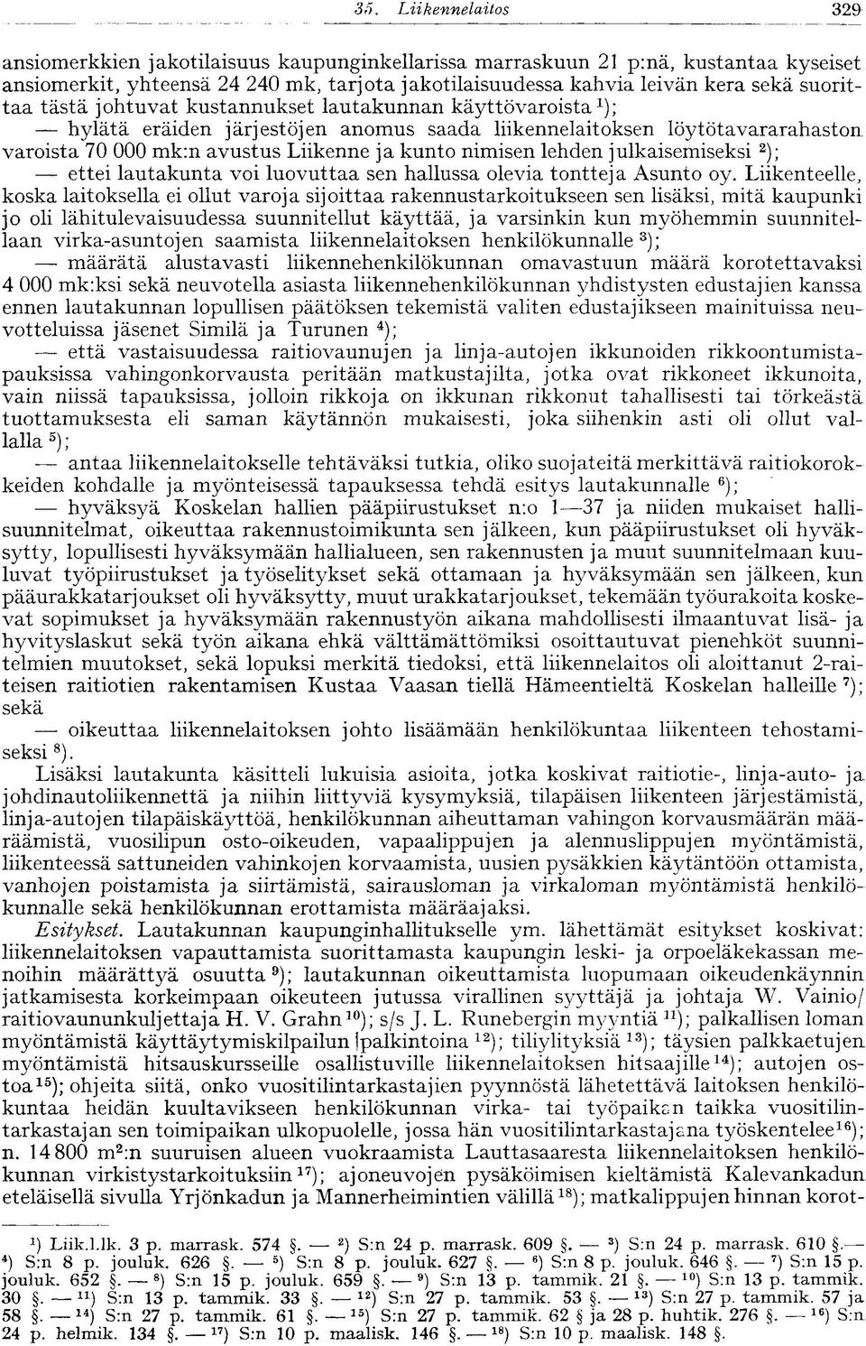 tästä johtuvat kustannukset lautakunnan käyttövaroista x ); hylätä eräiden järjestöjen anomus saada liikennelaitoksen löytötavararahaston varoista 70 000 mk:n avustus Liikenne ja kunto nimisen lehden