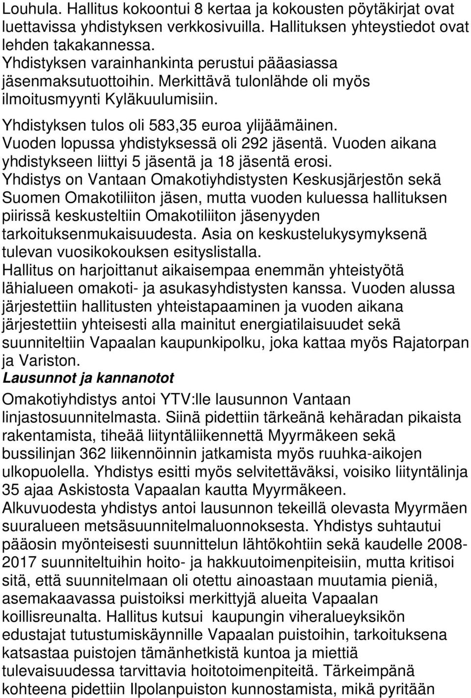 Vuoden lopussa yhdistyksessä oli 292 jäsentä. Vuoden aikana yhdistykseen liittyi 5 jäsentä ja 18 jäsentä erosi.