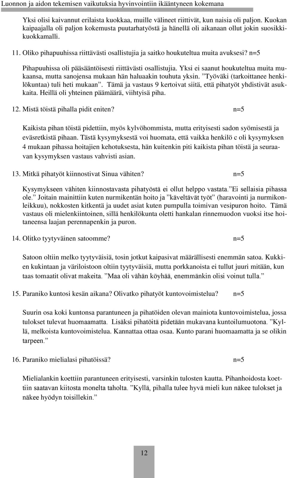 n=5 Pihapuuhissa oli pääsääntöisesti riittävästi osallistujia. Yksi ei saanut houkuteltua muita mukaansa, mutta sanojensa mukaan hän haluaakin touhuta yksin.