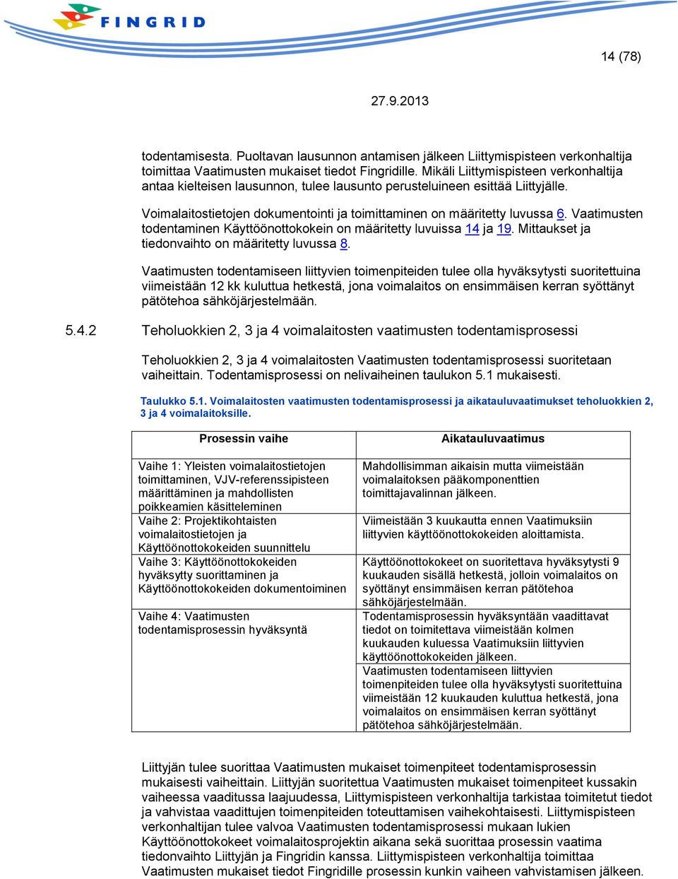 Vaatimusten todentaminen Käyttöönottokokein on määritetty luvuissa 14 ja 19. Mittaukset ja tiedonvaihto on määritetty luvussa 8.