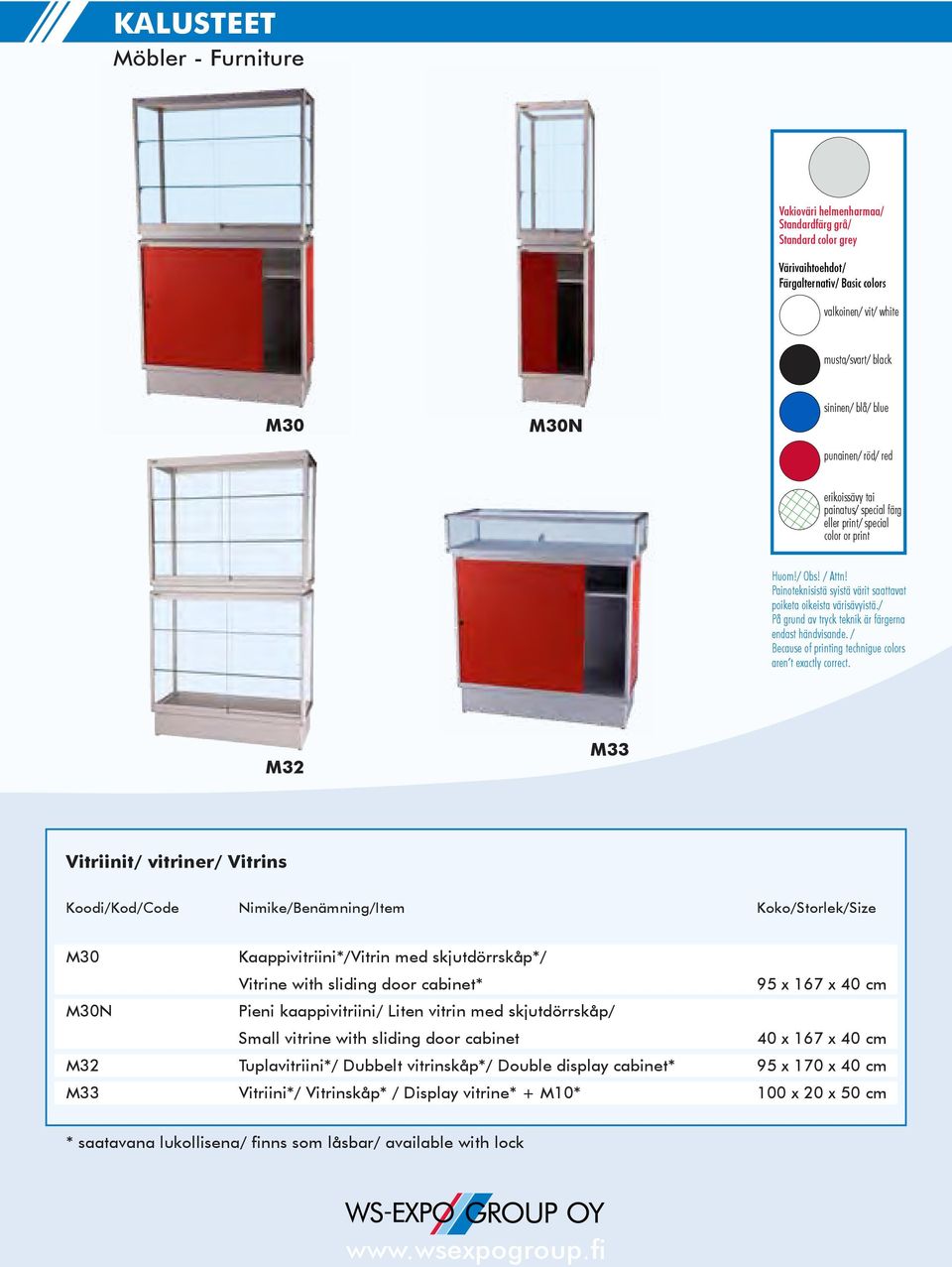 Kaappivitriini*/Vitrin med skjutdörrskåp*/ Vitrine with sliding door cabinet* 95 x 167 x 40 cm M30N Pieni kaappivitriini/ Liten vitrin med skjutdörrskåp/ Small vitrine with sliding door cabinet 40 x