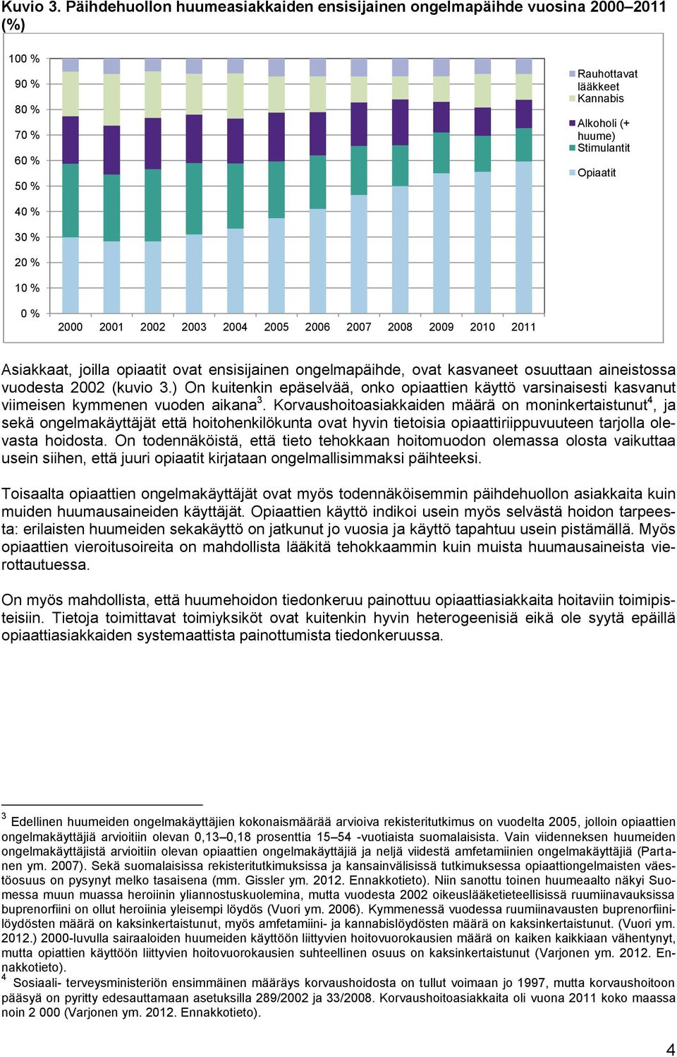 % 0 % 2000 2001 2002 2003 2004 2005 2006 2007 2008 2009 2010 2011 Asiakkaat, joilla opiaatit ovat ensisijainen ongelmapäihde, ovat kasvaneet osuuttaan aineistossa vuodesta 2002 (kuvio 3.