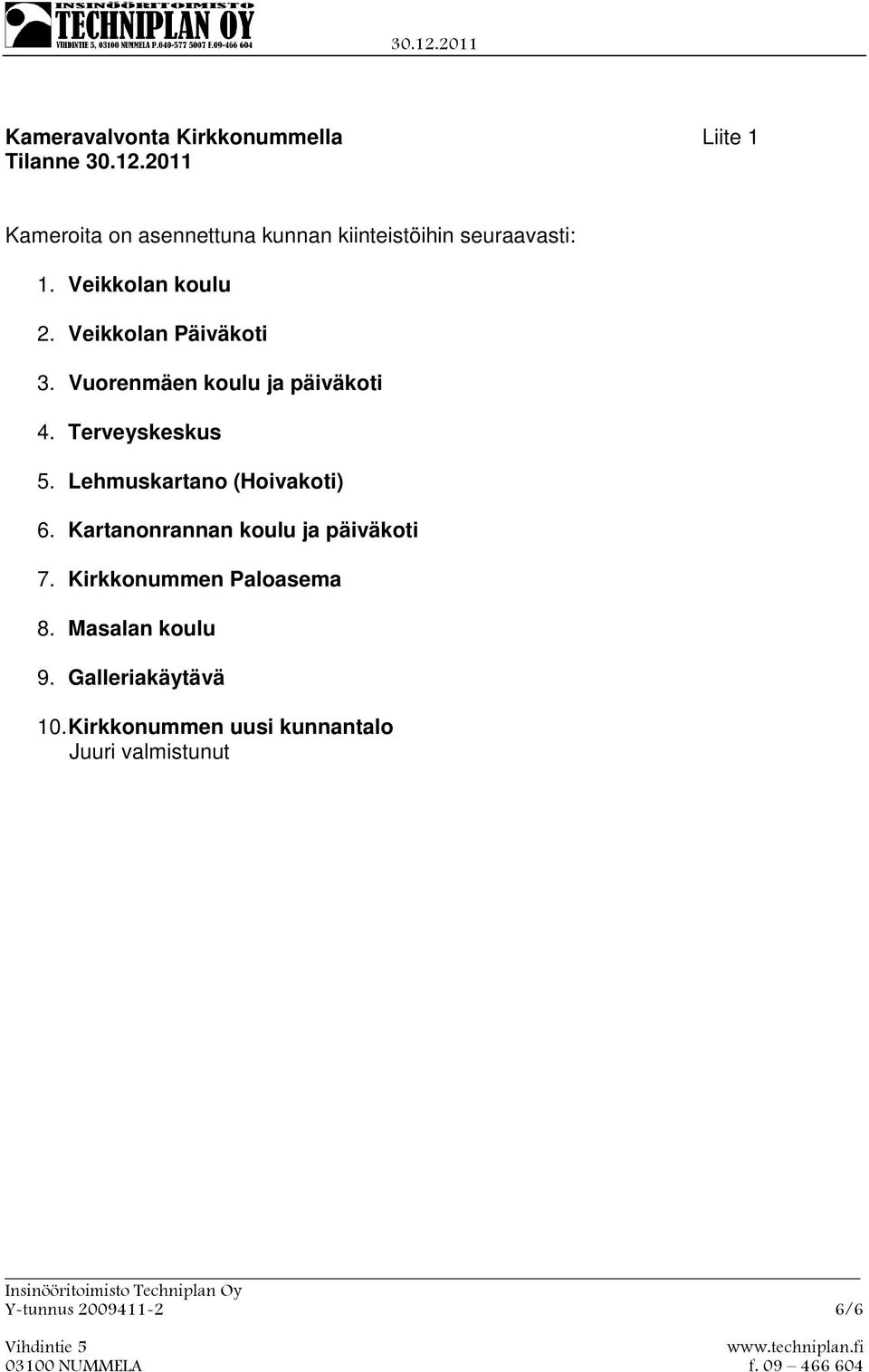 Veikkolan Päiväkoti 3. Vuorenmäen koulu ja päiväkoti 4. Terveyskeskus 5. Lehmuskartano (Hoivakoti) 6.