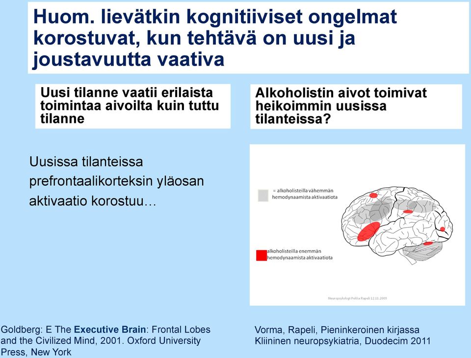 Uusissa tilanteissa prefrontaalikorteksin yläosan aktivaatio korostuu Goldberg: E The Executive Brain: Frontal Lobes and