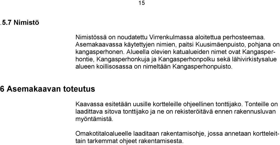 Alueella olevien katualueiden nimet ovat Kangasperhontie, Kangasperhonkuja ja Kangasperhonpolku sekä lähivirkistysalue alueen koillisosassa on nimeltään