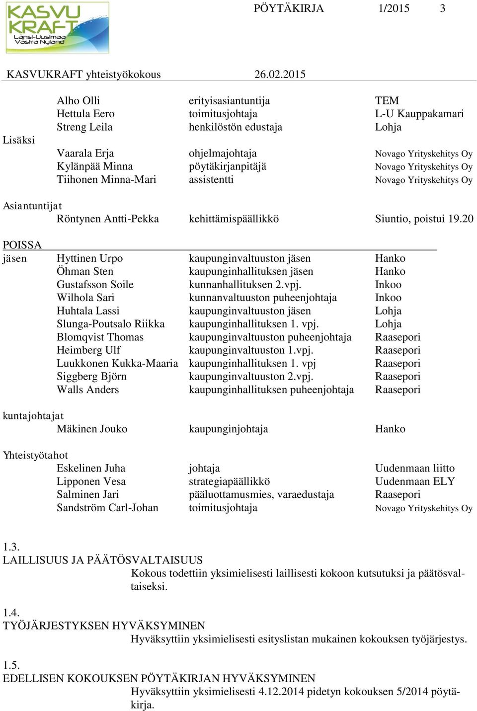 20 POISSA jäsen Hyttinen Urpo kaupunginvaltuuston jäsen Hanko Öhman Sten kaupunginhallituksen jäsen Hanko Gustafsson Soile kunnanhallituksen 2.vpj.