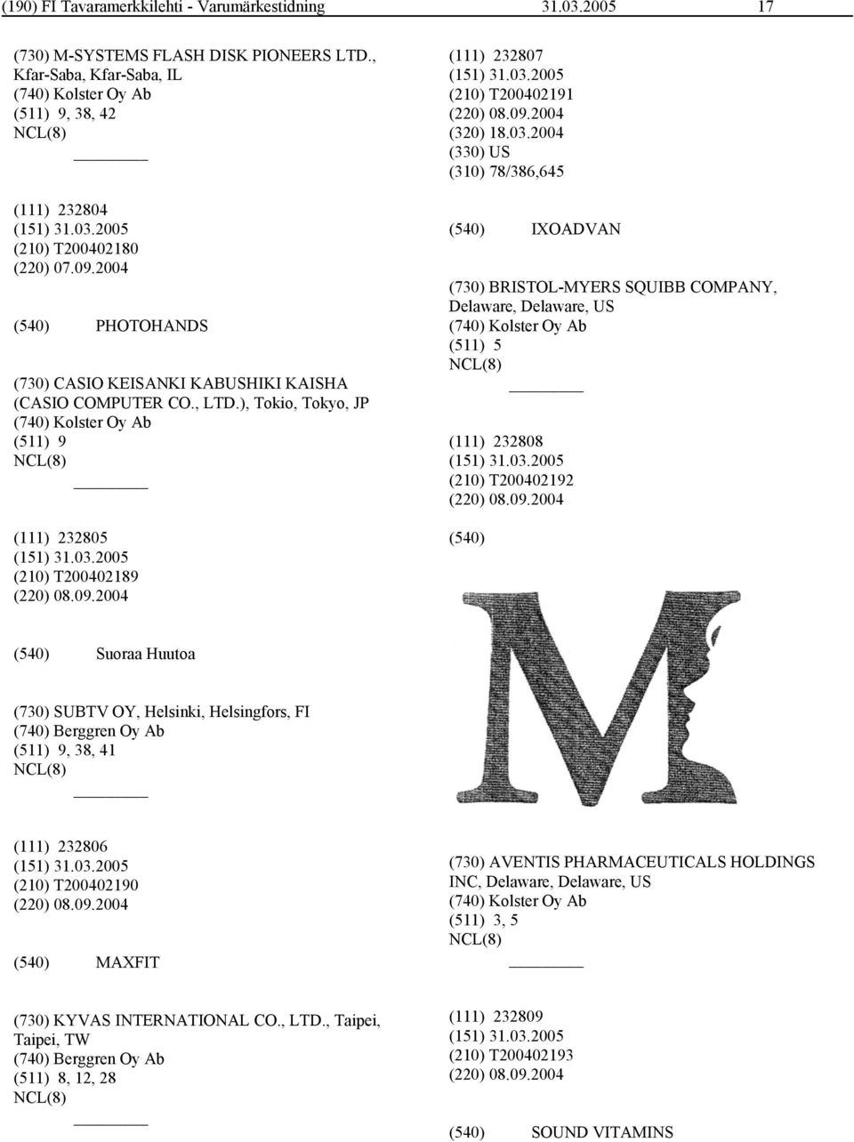 03.2004 (330) US (310) 78/386,645 IXOADVAN (730) BRISTOL-MYERS SQUIBB COMPANY, Delaware, Delaware, US (511) 5 (111) 232808 (210) T200402192 (220) 08.09.