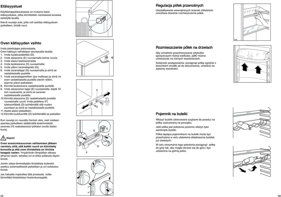 Oven kätisyyden vaihto Irrota pistotulppa pistorasiasta. Oven kätisyys vaihdetaan seuraavalla tavalla: 1. Irrota tuuletussäleikkö (D). 2. Irrota alasarana (E) ruuvaamalla kolme ruuvia. 3.