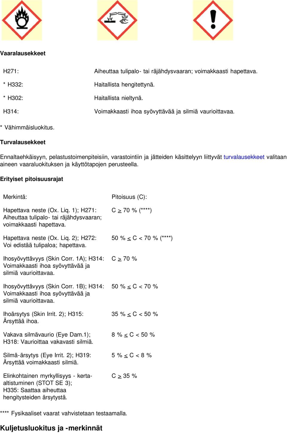 Turvalausekkeet Ennaltaehkäisyyn, pelastustoimenpiteisiin, varastointiin ja jätteiden käsittelyyn liittyvät turvalausekkeet valitaan aineen vaaraluokituksen ja käyttötapojen perusteella.