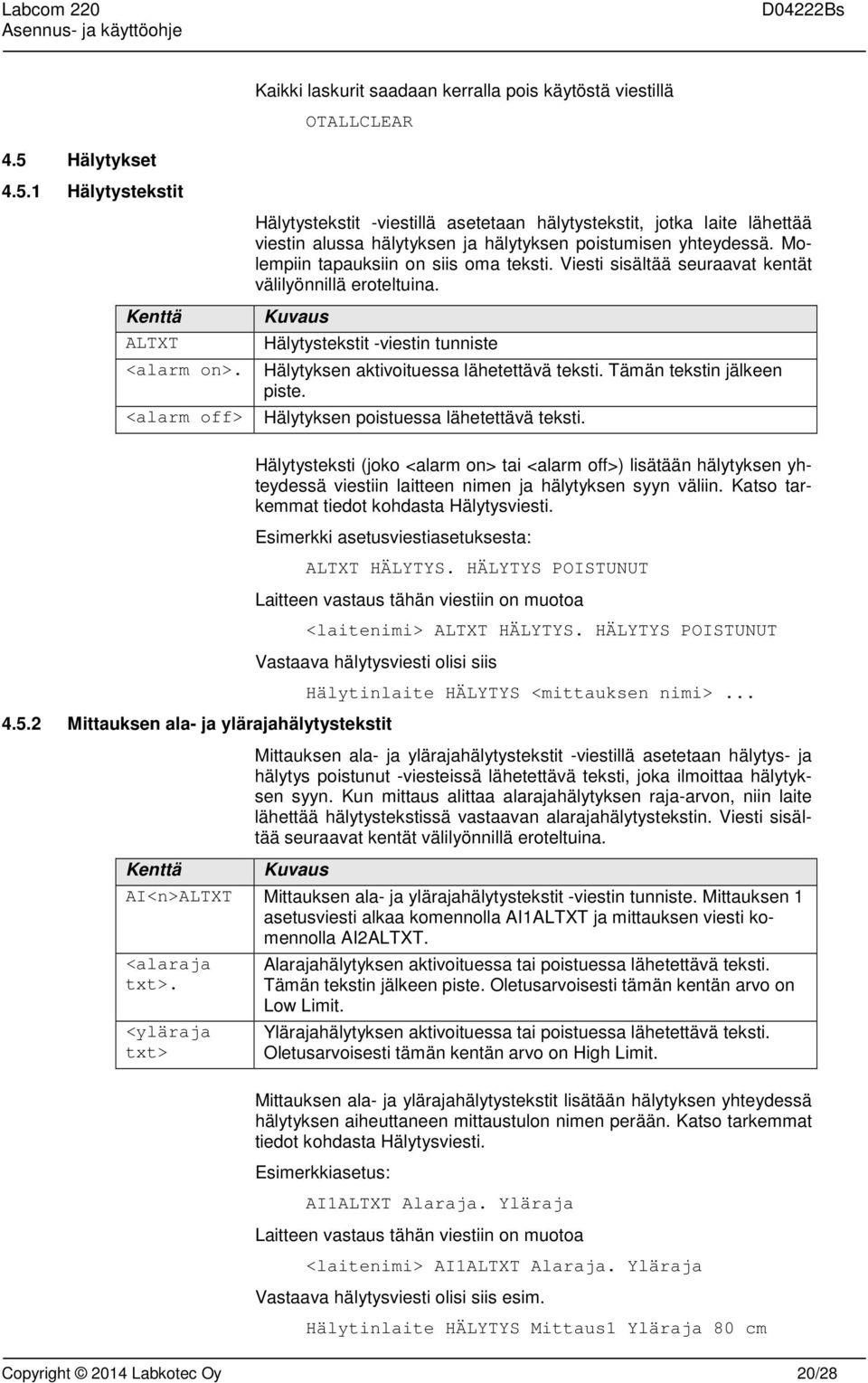 Hälytyksen aktivoituessa lähetettävä teksti. Tämän tekstin jälkeen piste. <alarm off> Hälytyksen poistuessa lähetettävä teksti.