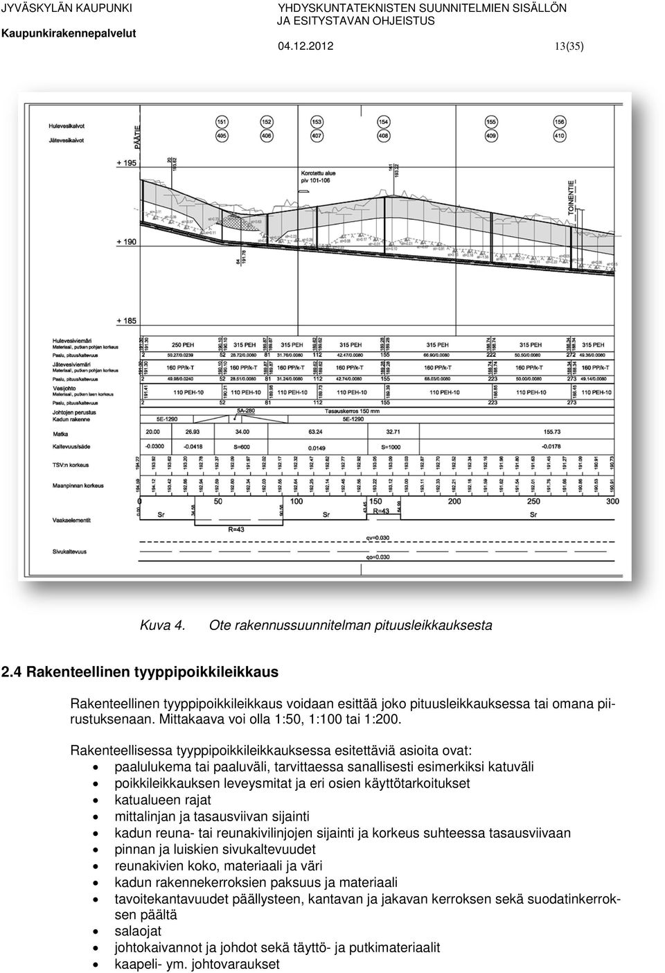 Rakenteellisessa tyyppipoikkileikkauksessa esitettäviä asioita ovat: paalulukema tai paaluväli, tarvittaessa sanallisesti esimerkiksi katuväli poikkileikkauksen leveysmitat ja eri osien