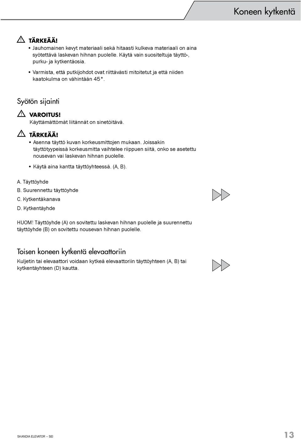 Asenna täyttö kuvan korkeusmittojen mukaan. Joissakin täyttötyypeissä korkeusmitta vaihtelee riippuen siitä, onko se asetettu nousevan vai laskevan hihnan puolelle. Käytä aina kantta täyttöyhteessä.