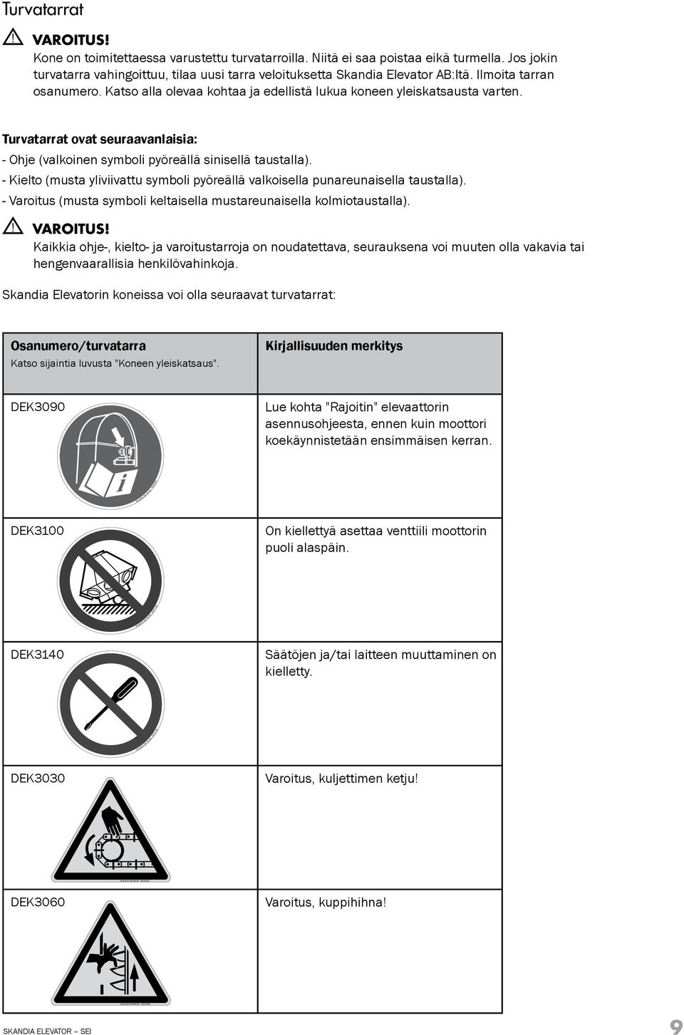 Turvatarrat ovat seuraavanlaisia: - Ohje (valkoinen symboli pyöreällä sinisellä taustalla). - Kielto (musta yliviivattu symboli pyöreällä valkoisella punareunaisella taustalla).