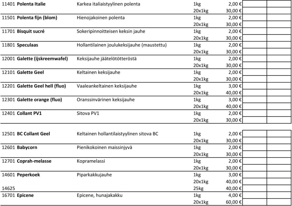 Vaaleankeltainen keksijauhe 1kg 3,00 12301 Galette orange (fluo) Oranssinvärinen keksijauhe 1kg 3,00 12401 Collant PV1 Sitova PV1 1kg 2,00 12501 BC Collant Geel Keltainen hollantilaistyylinen sitova