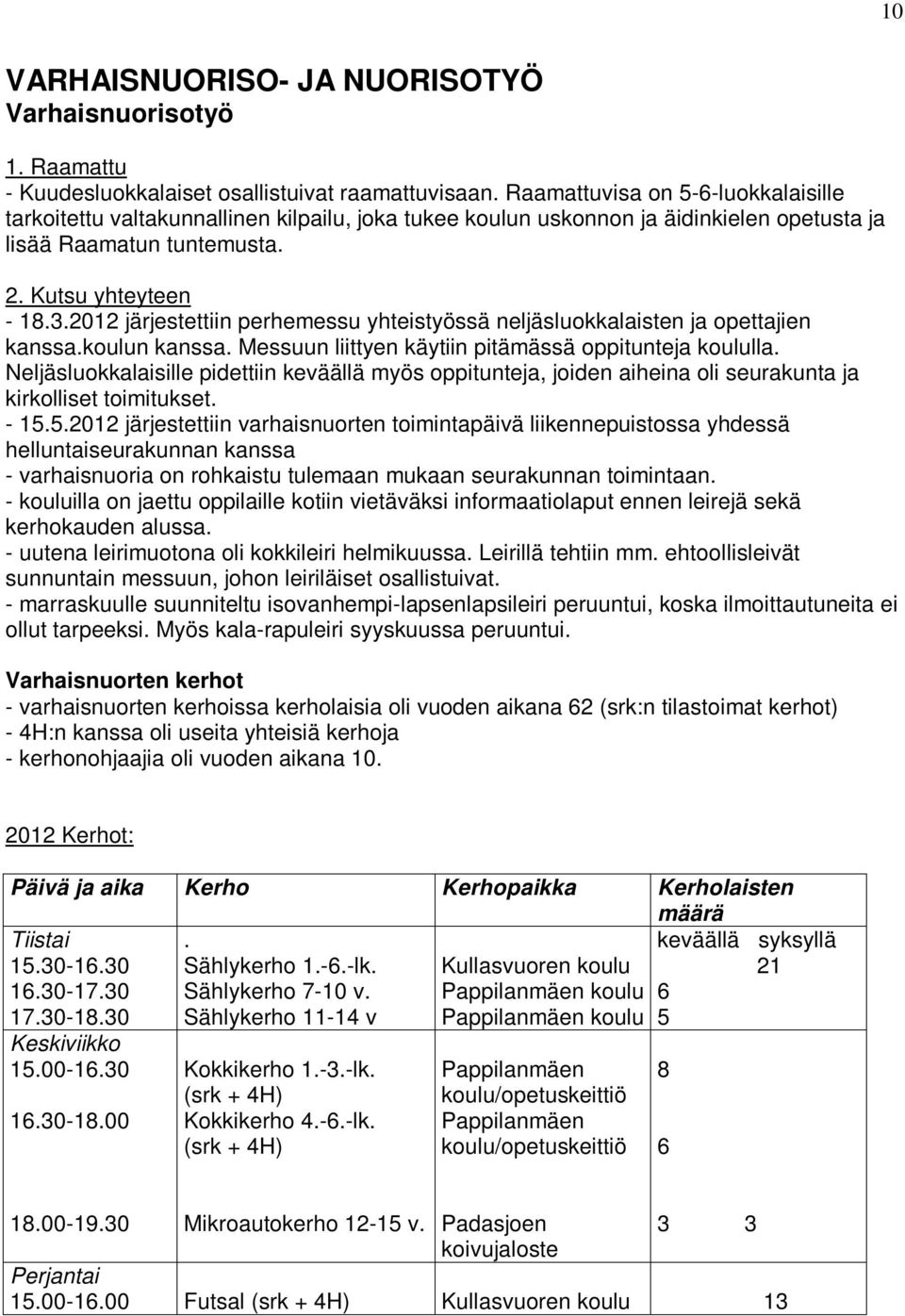 2012 järjestettiin perhemessu yhteistyössä neljäsluokkalaisten ja opettajien kanssa.koulun kanssa. Messuun liittyen käytiin pitämässä oppitunteja koululla.