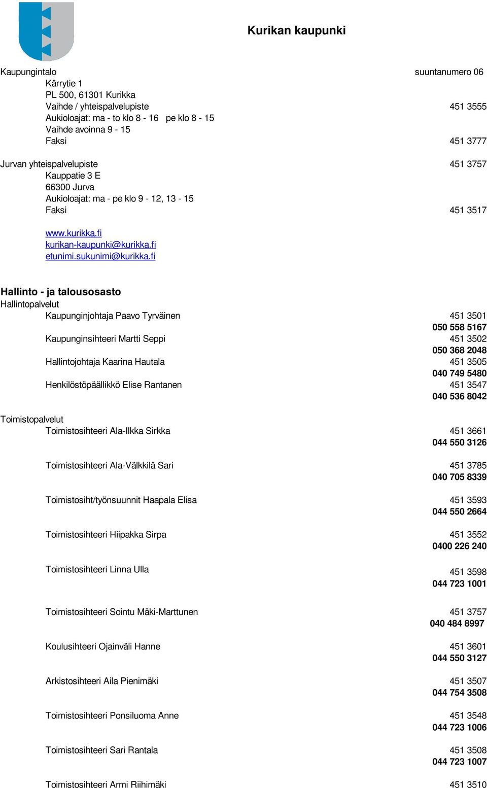 fi Hallinto - ja talousosasto Hallintopalvelut Kaupunginjohtaja Paavo Tyrväinen 451 3501 050 558 5167 Kaupunginsihteeri Martti Seppi 451 3502 050 368 2048 Hallintojohtaja Kaarina Hautala 451 3505 040