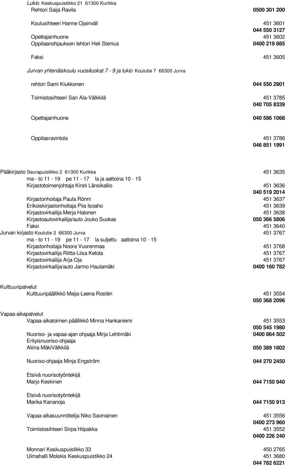 040 586 1068 Oppilasravintola 451 3786 046 851 1991 Pääkirjasto Seurapuistikko 2 61300 Kurikka 451 3635 ma - to 11-19 pe 11-17 la ja aattoina 10-15 Kirjastotoimenjohtaja Kirsti Länsikallio 451 3636